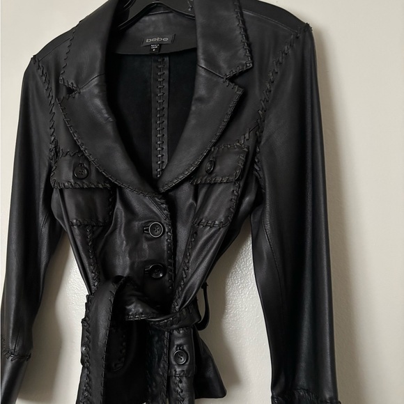 RARE Bebe Women's Genuine Leather Jacket Blazer Button Front Jacket with belt - Picture 8 of 17
